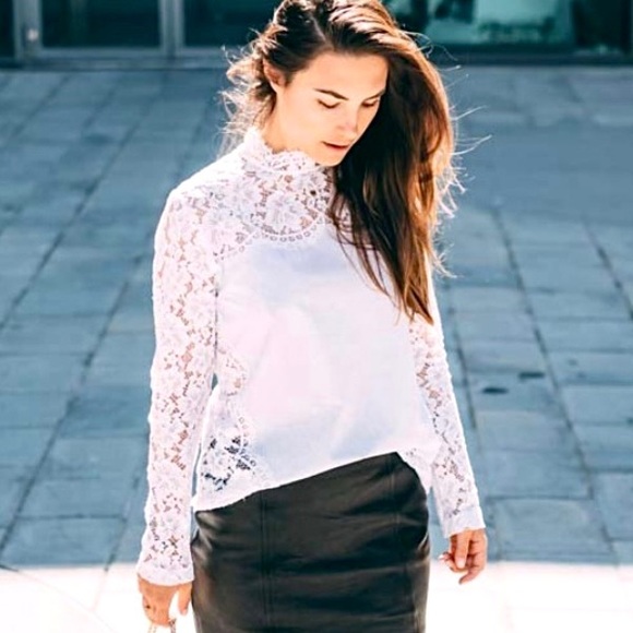 SANDRO | 🤍 White Lace Mock Neck Blouse w/ Thin Pinstripe Panel | Size 1 (Small) - Picture 3 of 16